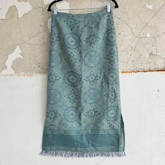 White Stag Dresses & Skirts - Vintage Tapestry Skirt Aqua Teal Midi Woven‎ Fringe Hem 90s Cottagecore Size 6